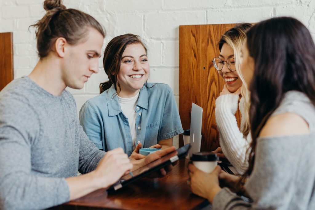 students talking at the table