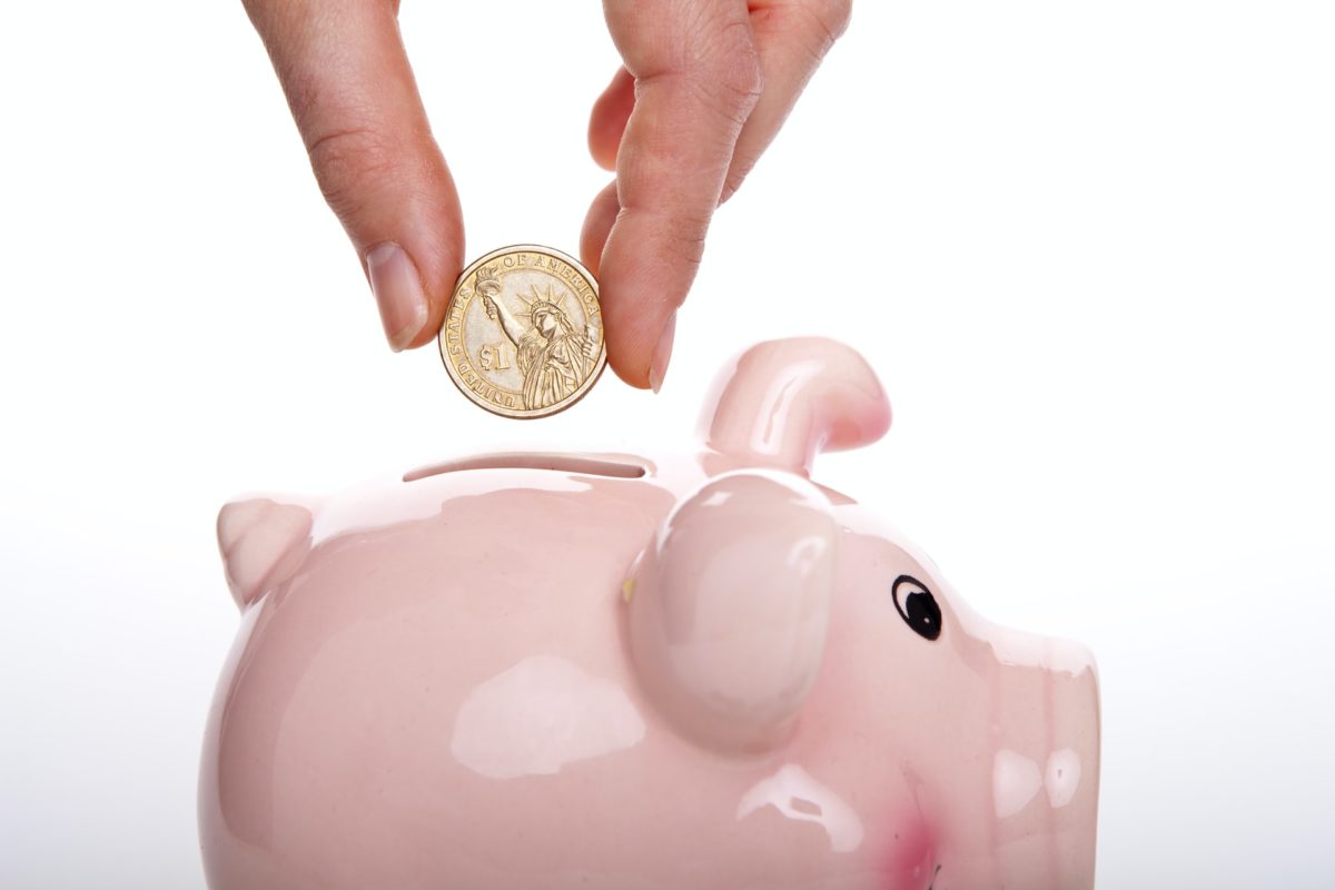 person putting coin in piggy bank
